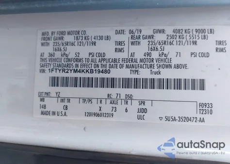 2019 Ford Transit-250 из США, поврежденный, VIN 1FTYR2YM4KKB19480